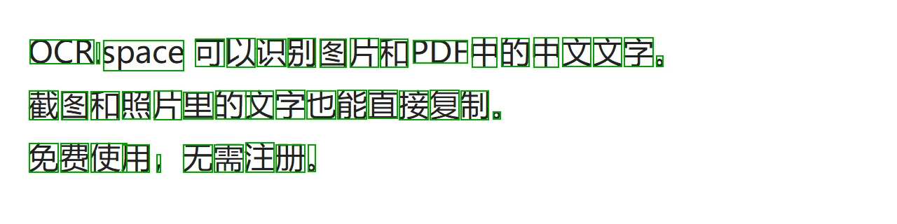 中文OCR演示: 每个汉字的识别框